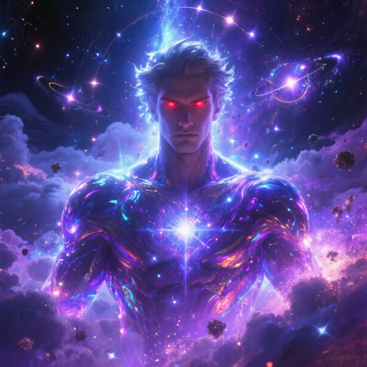 Astra, The Celestial Warrior, standing against a storm-lit nebula