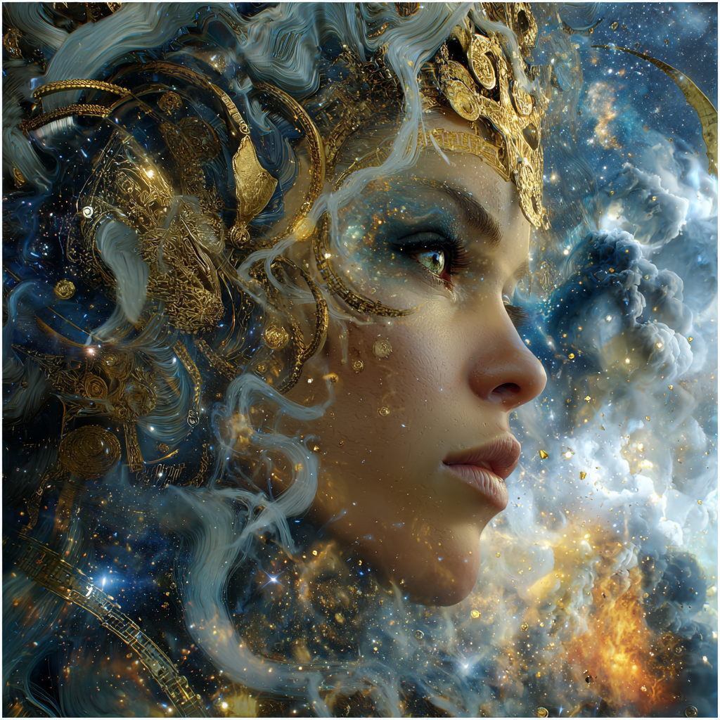 Astra, The Celestial Warrior, standing against a storm-lit nebula